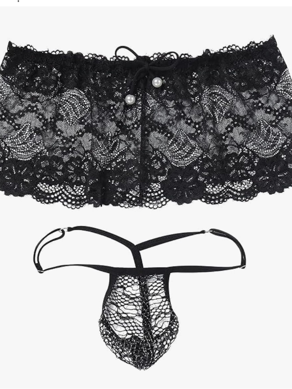 Sexy Sheer Lace Garter Thong & cover up for men one size - Black